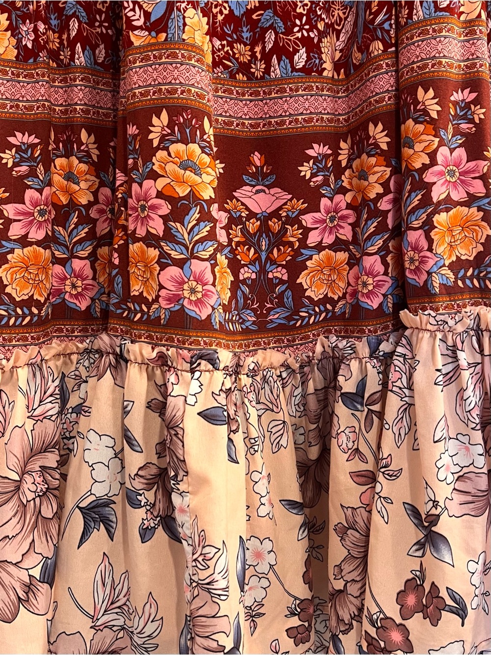 Umgee Mixed Print Boho Floral Tiered Long Sleeve Midi Dress Blush Burgundy Flowy - Picture 3 of 6